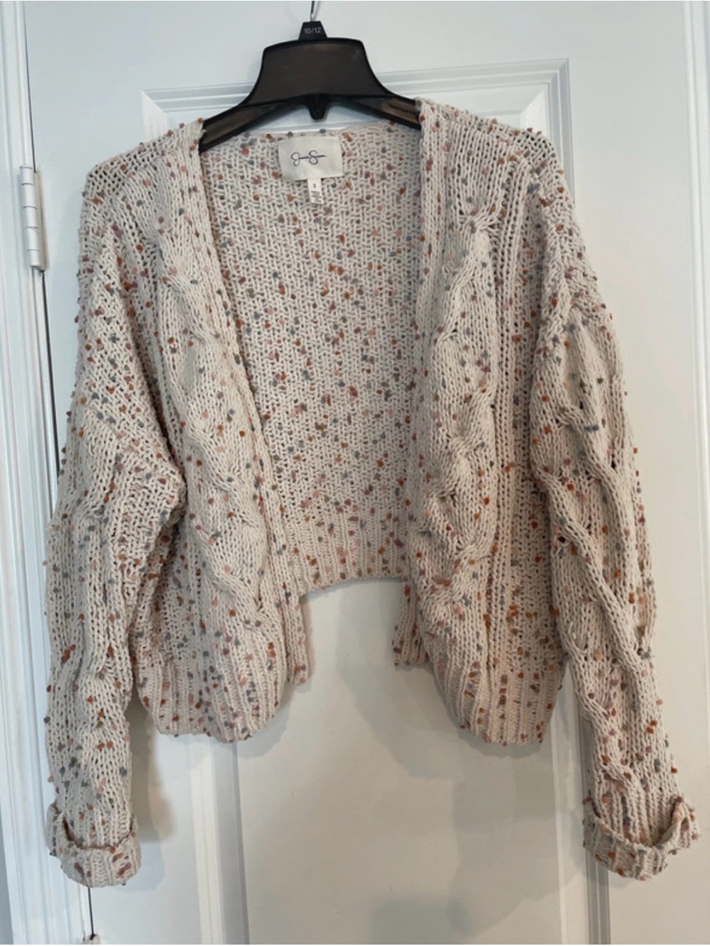 Jessica Simpson Cream Speckled Cable Knit Open Cardigan